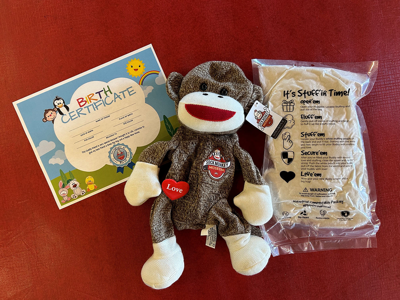Sock Monkey Museum Custom Stuffable Sock Monkey with Birth Certificate and Heart Insert