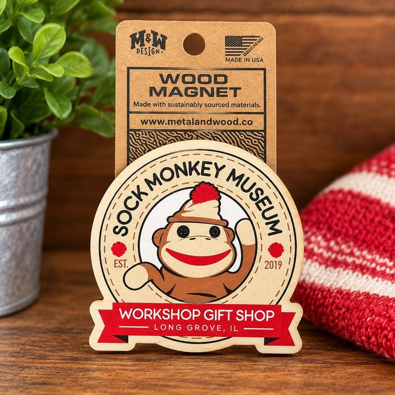 Cartoon Sock Monkey Logo Wooden Magnet