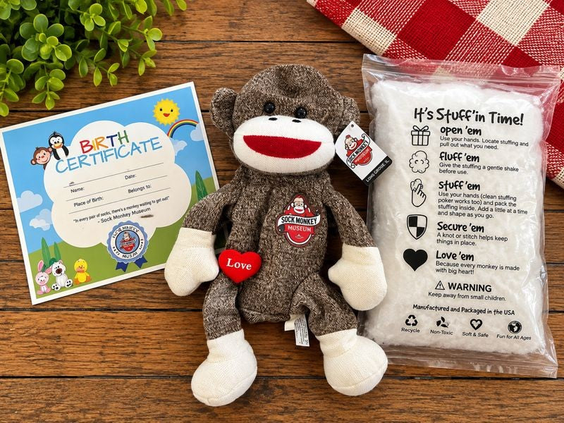 Sock Monkey Museum Custom Stuffable Sock Monkey with Birth Certificate and Heart Insert